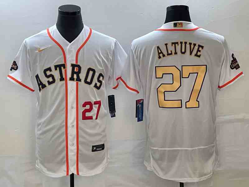 Men's Houston Astros #27 Jose Altuve Number 2023 White Gold World Serise Champions Patch Flex Base Stitched Jersey2