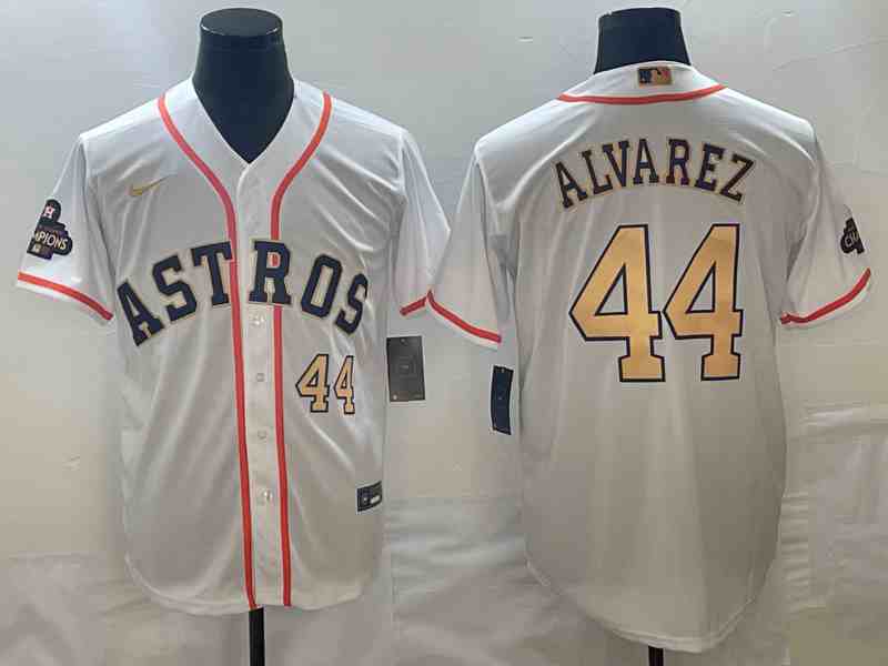 Men's Houston Astros #44 Yordan Alvarez Number 2023 White Gold World Serise Champions Patch Cool Base Stitched Jersey