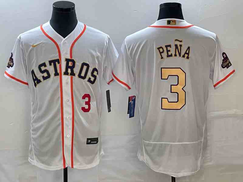 Men's Houston Astros #3 Jeremy Pena Number 2023 White Gold World Serise Champions Patch Flex Base Stitched Jersey1 (2)