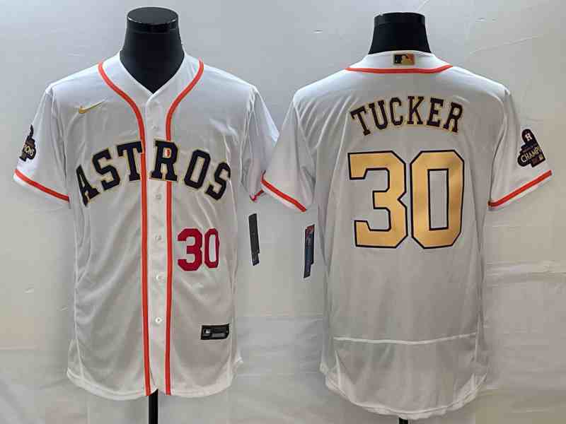 Men's Houston Astros #30 Kyle Tucker Number 2023 White Gold World Serise Champions Patch Flex Base Stitched Jersey2