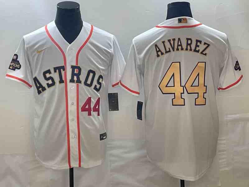 Men's Houston Astros #44 Yordan Alvarez Number 2023 White Gold World Serise Champions Patch Cool Base Stitched Jerseys