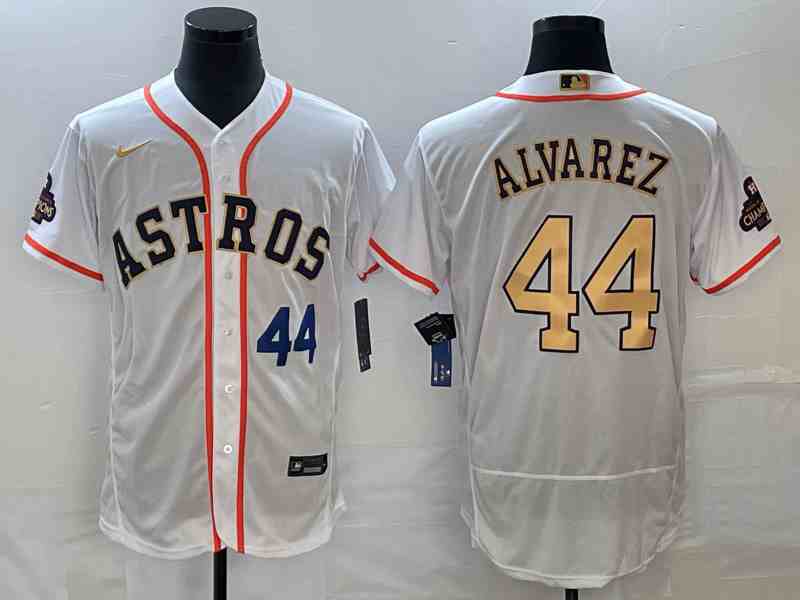 Men's Houston Astros #44 Yordan Alvarez Number 2023 White Gold World Serise Champions Patch Flex Base Stitched Jersey