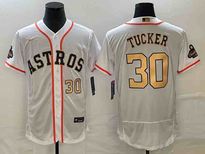 Men's Houston Astros #30 Kyle Tucker Number 2023 White Gold World Serise Champions Patch Flex Base Stitched Jersey1