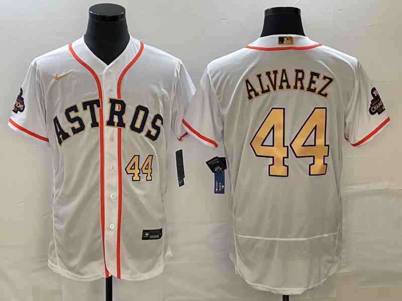 Men's Houston Astros #44 Yordan Alvarez Number 2023 White Gold World Serise Champions Patch Flex Base Stitched Jersey1