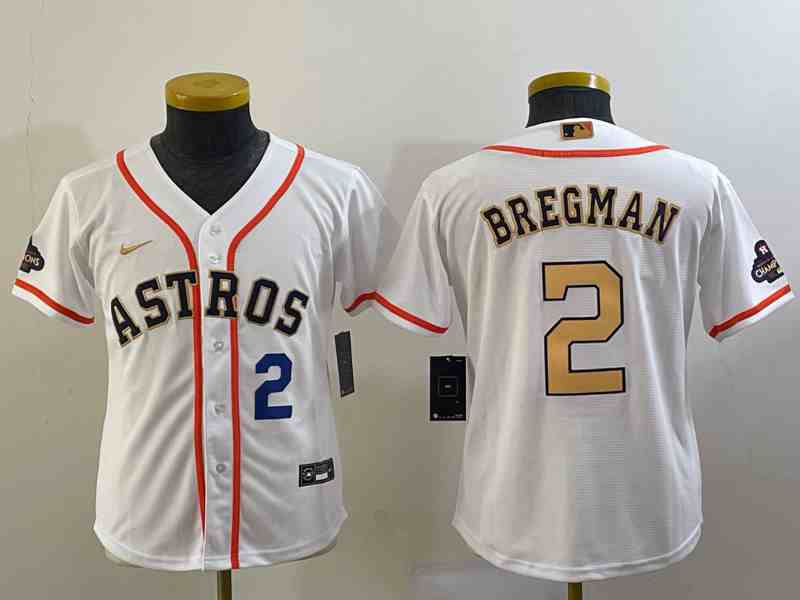 Youth Houston Astros #2 Alex Bregman Number 2023 White Gold World Serise Champions Patch Cool Base Stitched Jersey