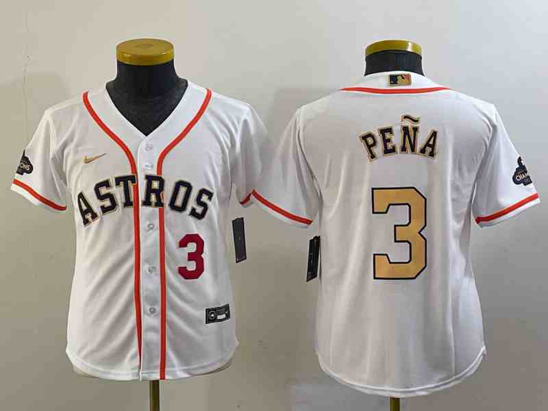 Youth Houston Astros #3 Jeremy Pena Number 2023 White Gold World Serise Champions Patch Cool Base Stitched Jerseys
