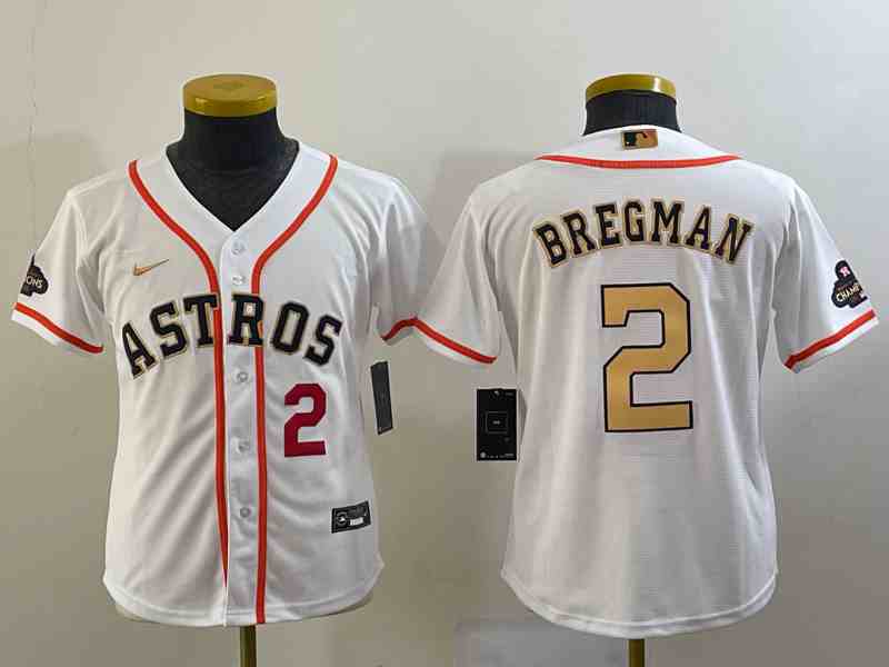 Youth Houston Astros #2 Alex Bregman Number 2023 White Gold World Serise Champions Patch Cool Base Stitched Jersey1