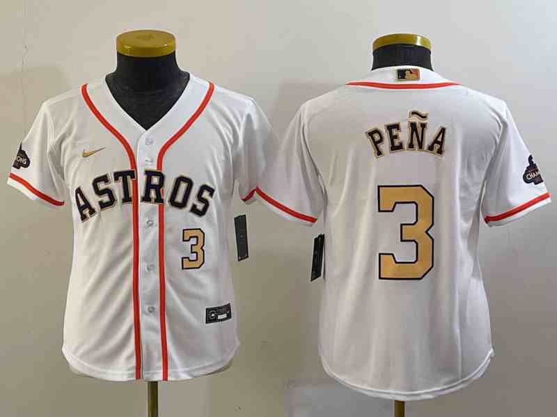 Youth  Houston Astros #3 Jeremy Pena 2023 White Gold World Serise Champions Patch Cool Base Stitched Jersey