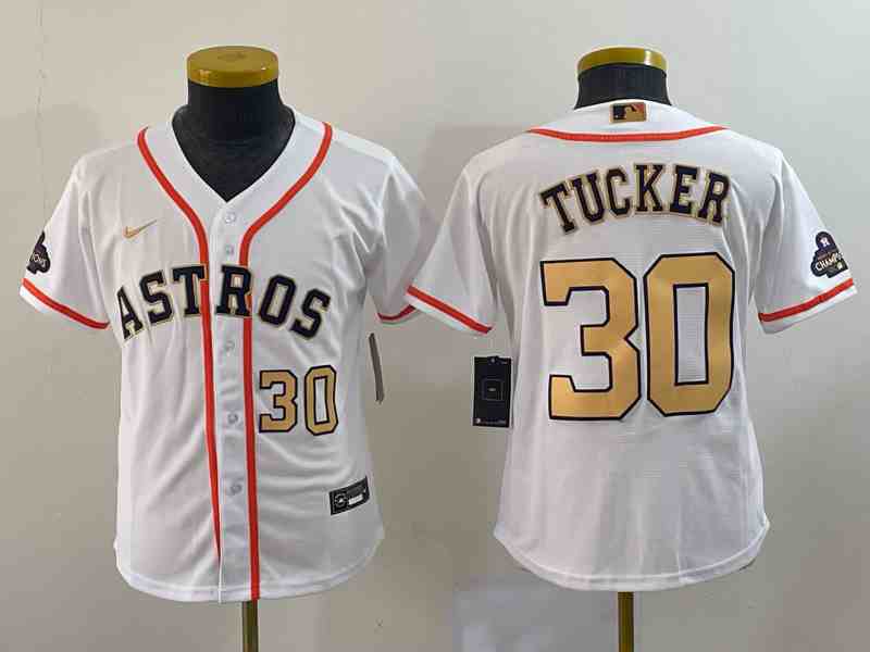 Youth Houston Astros #30 Kyle Tucker Number 2023 White Gold World Serise Champions Patch Cool Base Stitched Jerseys