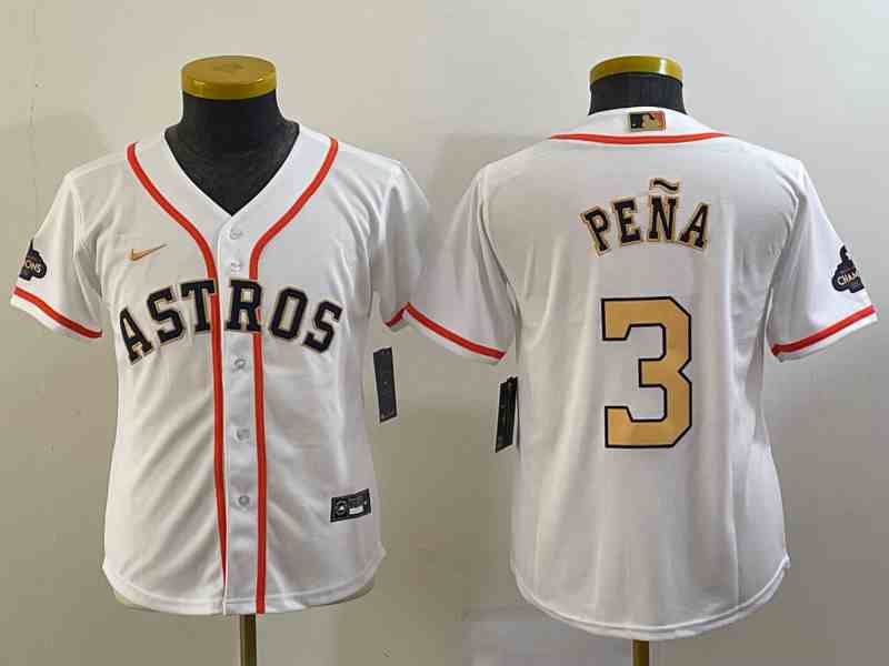 Youth Houston Astros #3 Jeremy Pena 2023 White Gold World Serise Champions Patch Cool Base Stitched Jersey (2)