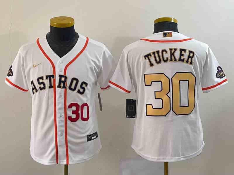 Youth Houston Astros #30 Kyle Tucker Number 2023 White Gold World Serise Champions Patch Cool Base Stitched Jersey1