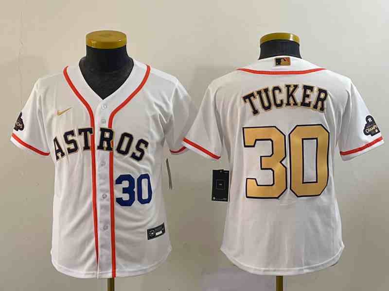 Youth Houston Astros #30 Kyle Tucker Number 2023 White Gold World Serise Champions Patch Cool Base Stitched Jersey