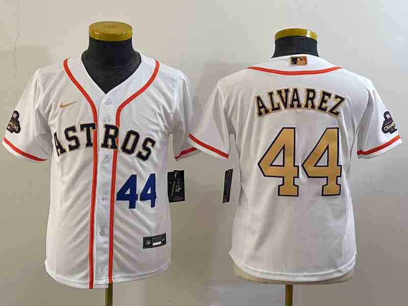 Youth Houston Astros #44 Yordan Alvarez Number 2023 White Gold World Serise Champions Patch Cool Base Stitched Jersey