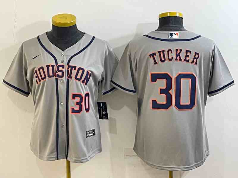 Youth Houston Astros #30 Kyle Tucker Grey With Patch Stitched MLB Cool Base Nike Jersey1