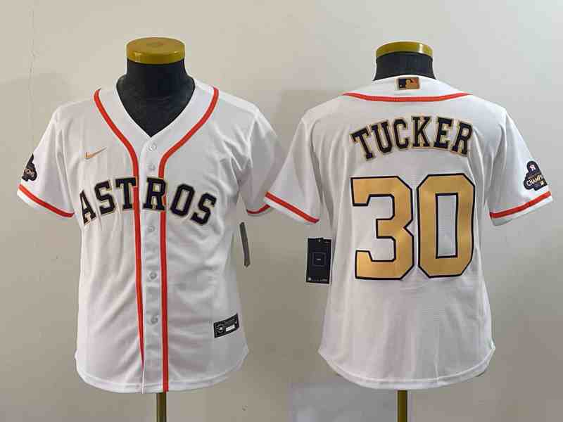 Youth Houston Astros #30 Kyle Tucker 2023 White Gold World Serise Champions Patch Cool Base Stitched Jersey