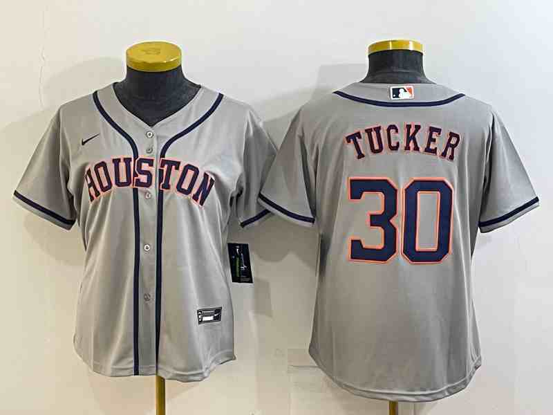 Youth Houston Astros #30 Kyle Tucker Grey With Patch Stitched MLB Cool Base Nike Jersey