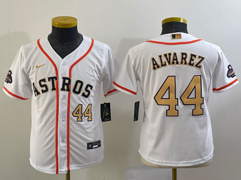 Youth Houston Astros #44 Yordan Alvarez Number 2023 White Gold World Serise Champions Patch Cool Base Stitched Jersey 2