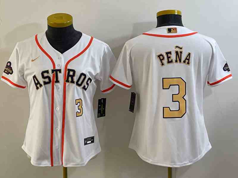 Women's Houston Astros #3 Jeremy Pena Number 2023 White Gold World Serise Champions Patch Cool Base Stitched Jersey