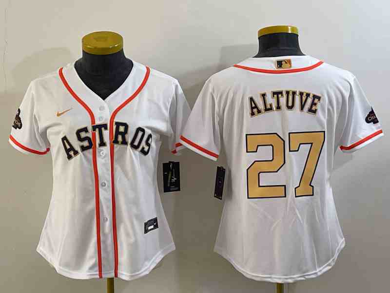 Women's Houston Astros #27 Jose Altuve 2023 White Gold World Serise Champions Patch Cool Base Stitched Jersey