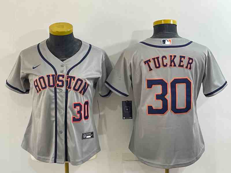 Women's Houston Astros #30 Kyle Tucker Grey With Patch Stitched MLB Cool Base Nike Jersey1