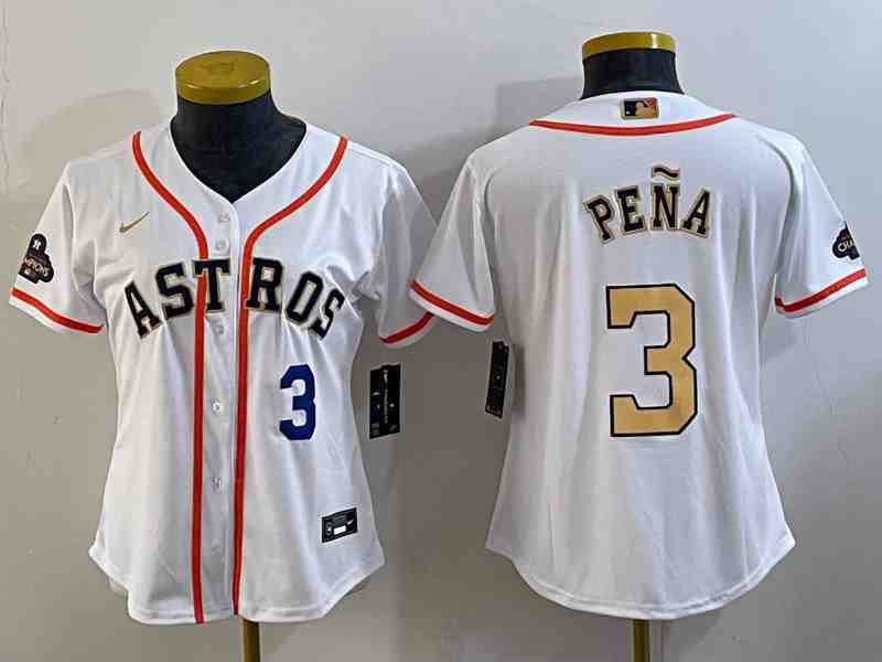 Women's Houston Astros #3 Jeremy Pena Number 2023 White Gold World Serise Champions Patch Cool Base Stitched Jersey1