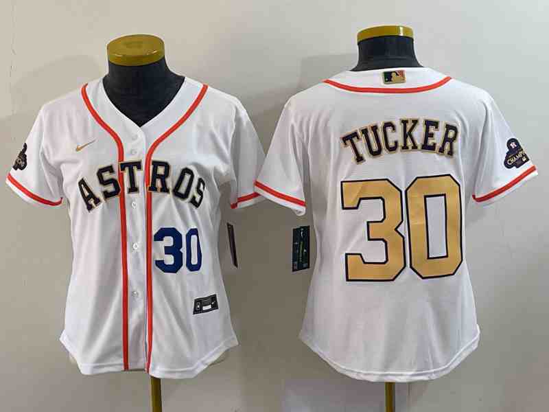 Women's Houston Astros #30 Kyle Tucker Number 2023 White Gold World Serise Champions Patch Cool Base Stitched Jersey