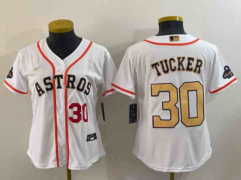 Women's Houston Astros #30 Kyle Tucker Number 2023 White Gold World Serise Champions Patch Cool Base Stitched Jersey1