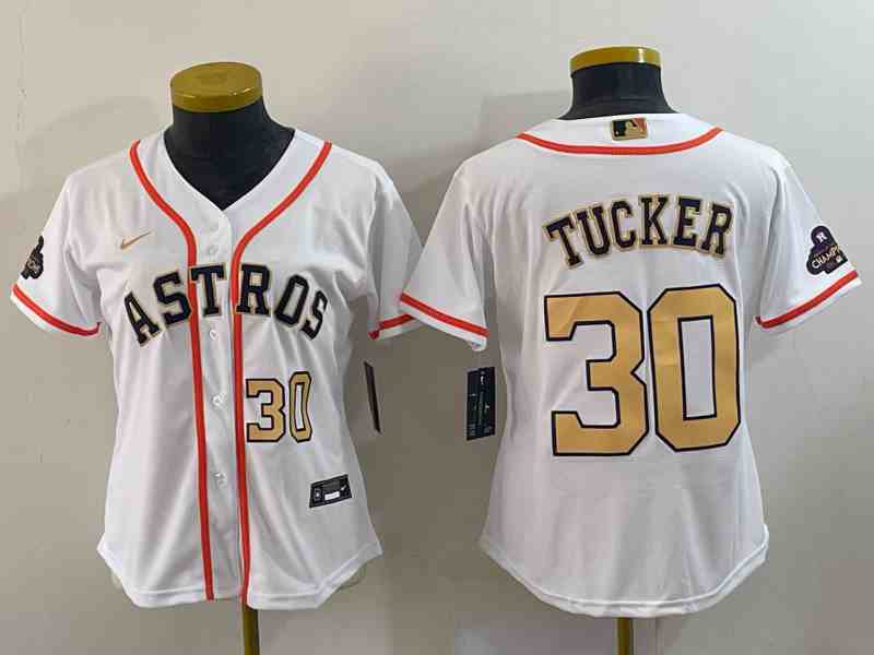 Women's Houston Astros #30 Kyle Tucker Number 2023 White Gold World Serise Champions Patch Cool Base Stitched Jerseys