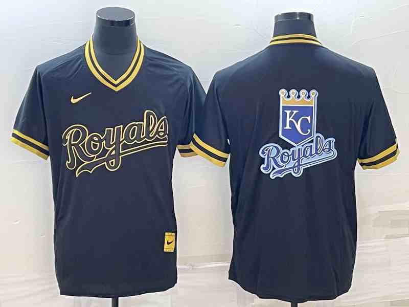 Men's Kansas City Royals Big Logo Black Gold Nike Cooperstown Legend V Neck Jerseys