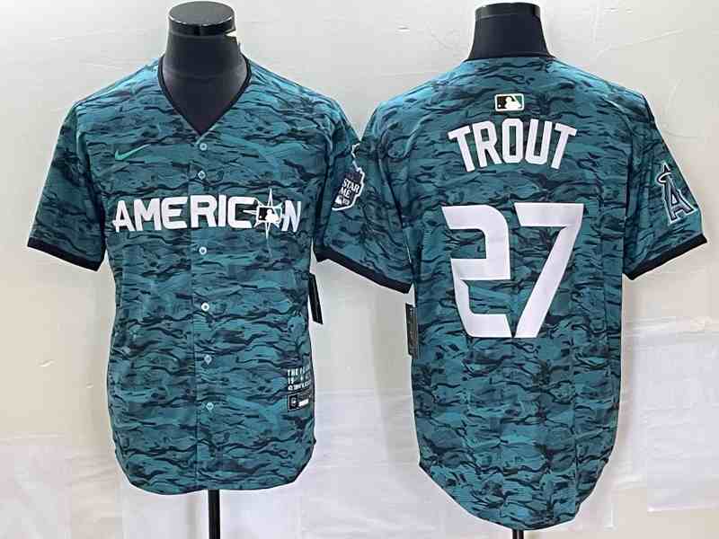 Men's Los Angeles Angels #27 Mike Trout Teal 2023 All-Star Cool Base Stitched Baseball Jersey1