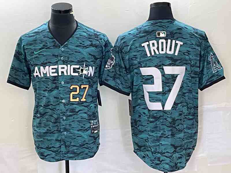 Men's Los Angeles Angels #27 Mike Trout Teal 2023 All-Star Cool Base Stitched Baseball Jersey2