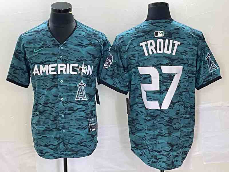 Men's Los Angeles Angels #27 Mike Trout Teal 2023 All-Star Cool Base Stitched Baseball Jersey4