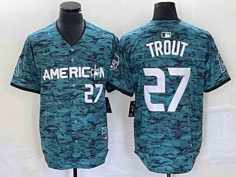Men's Los Angeles Angels #27 Mike Trout Teal 2023 All-Star Cool Base Stitched Baseball Jersey