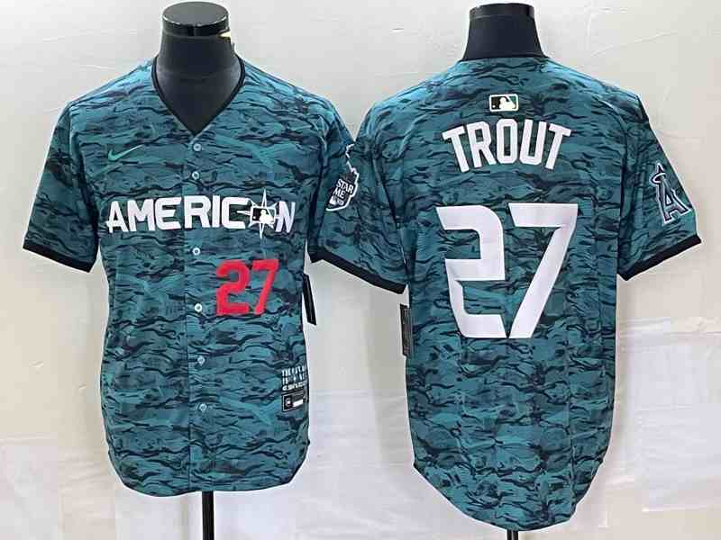 Men's Los Angeles Angels #27 Mike Trout Teal 2023 All-Star Cool Base Stitched Baseball Jersey3