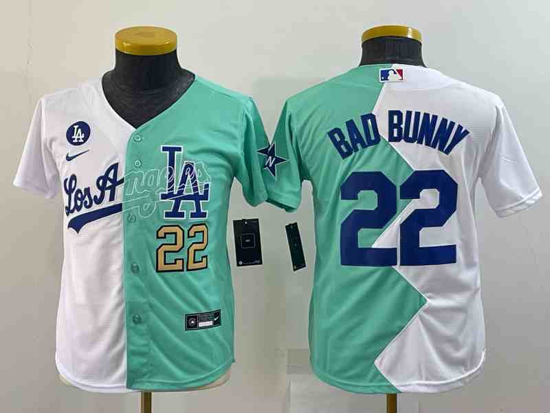 Youth Los Angeles Dodgers #22 Bad Bunny 2022 All-Star WhiteGreen Split Stitched Baseball Jersey3