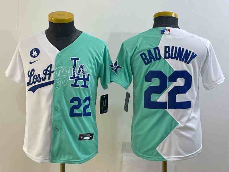 Youth Los Angeles Dodgers #22 Bad Bunny 2022 All-Star WhiteGreen Split Stitched Baseball Jersey2