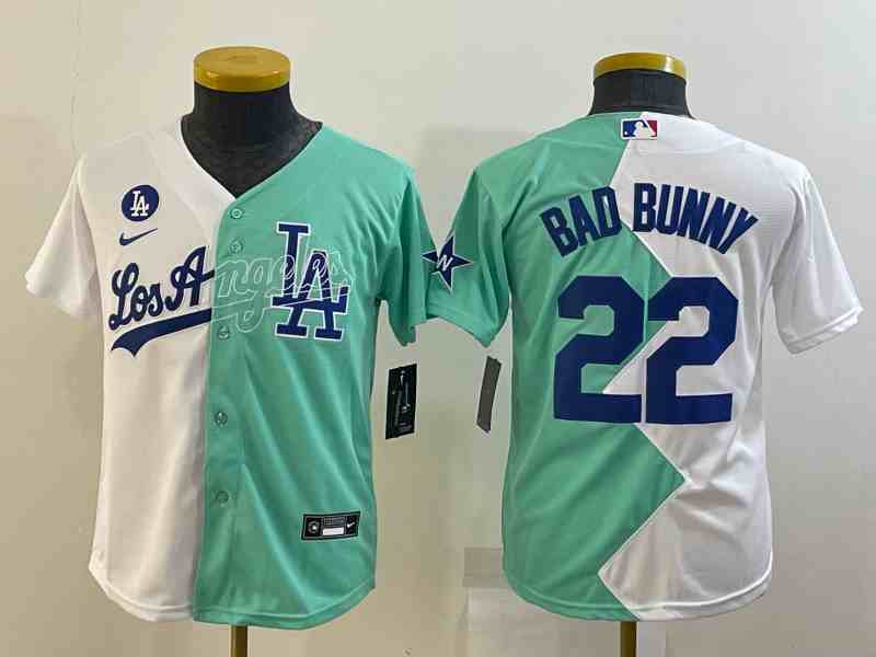 Youth Los Angeles Dodgers #22 Bad Bunny 2022 All-Star WhiteGreen Split Stitched Baseball Jersey4