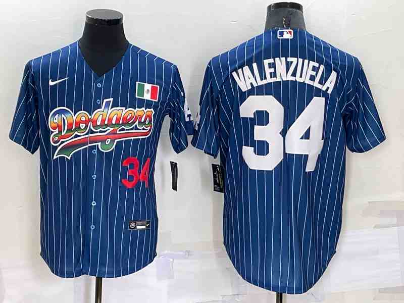 Men's Los Angeles Dodgers #34 Fernando Valenzuela Number Navy Blue Pinstripe 2020 World Series Cool Base Nike Jersey