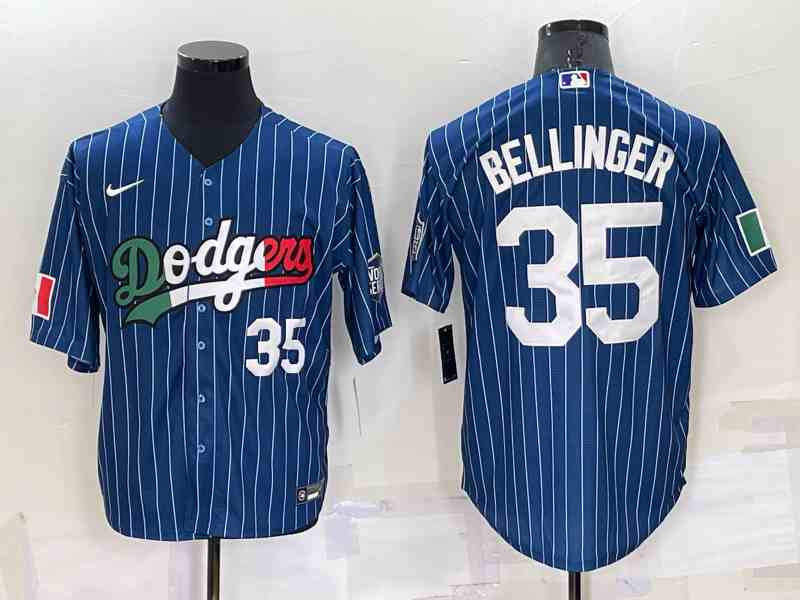 Men's Los Angeles Dodgers #35 Cody Bellinger Number Navy Blue Pinstripe Mexico 2020 World Series Cool Base Nike Jersey1