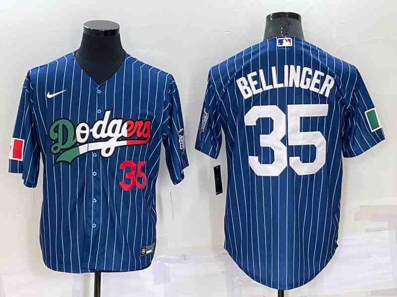 Men's Los Angeles Dodgers #35 Cody Bellinger Number Navy Blue Pinstripe Mexico 2020 World Series Cool Base Nike Jersey
