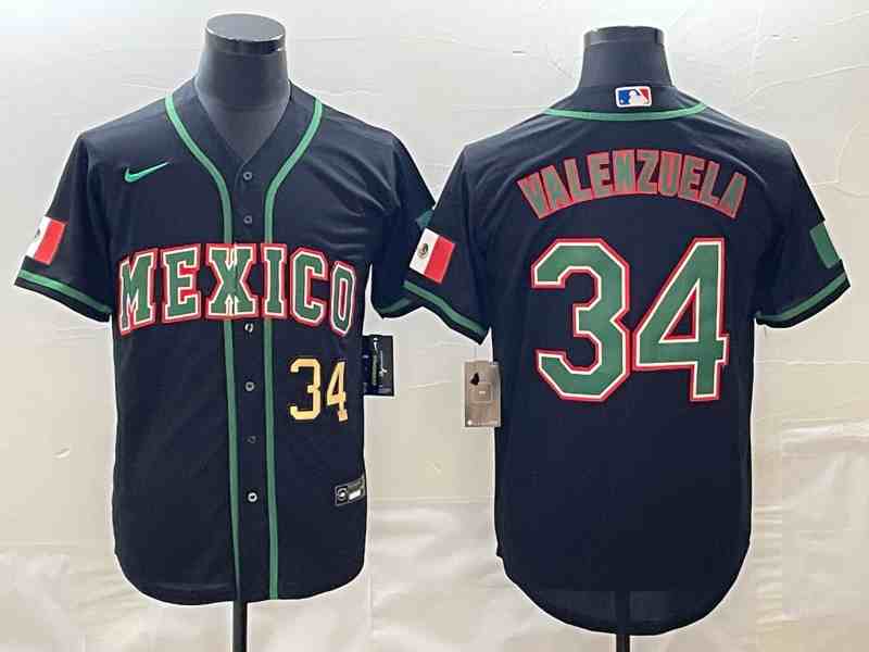 Men's Los Angeles Dodgers #34 Fernando Valenzuela 2023  world cup Mexico Font red border Stitched Baseball  Green Jersey4