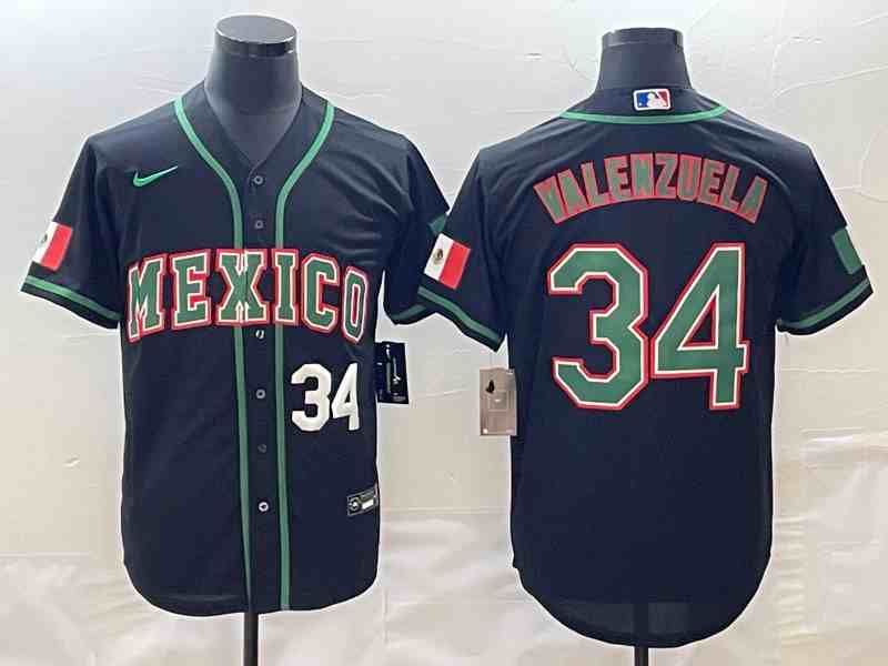 Men's Los Angeles Dodgers #34 Fernando Valenzuela 2023  world cup Mexico Font red border Stitched Baseball  Green Jersey2
