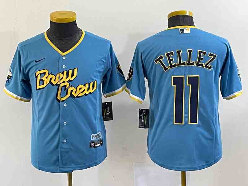 Youth Milwaukee Brewers #11 Rowdy Tellez Powder Blue 2022 City Connect Cool Base Jersey