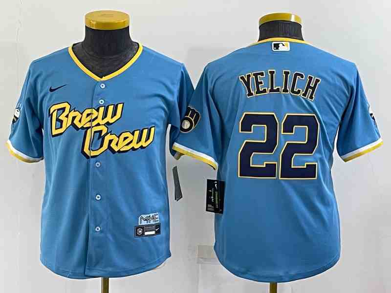 Youth Milwaukee Brewers #22 Christian Yelich Powder Blue 2022 City Connect Authentic Jersey