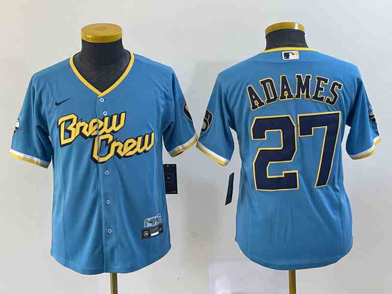 Youth Milwaukee Brewers #27 Willy Adames Powder Blue 2022 City Connect Cool Base Jersey
