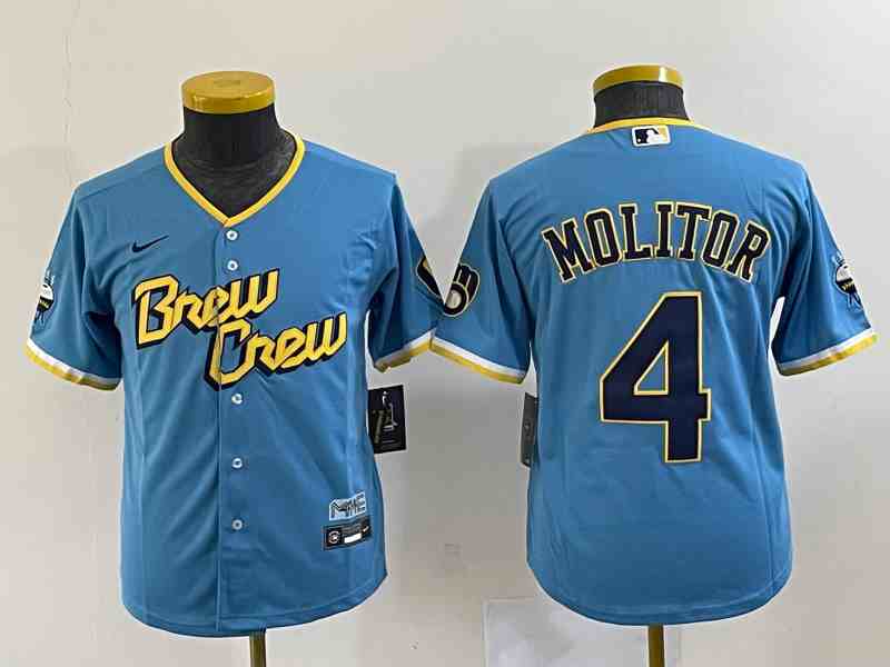 Youth Milwaukee Brewers #4 Paul Molitor 2022 Powder Blue City Connect Cool Base Stitched Jersey