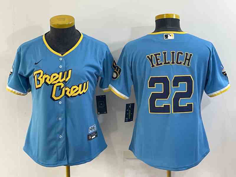 Women's Milwaukee Brewers #22 Christian Yelich Powder Blue 2022 City Connect Authentic Jersey