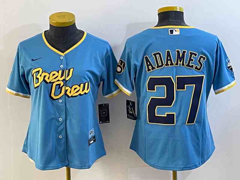 Women's Milwaukee Brewers #27 Willy Adames Powder Blue 2022 City Connect Cool Base Jersey