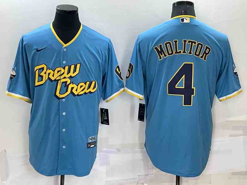 Men's Milwaukee Brewers #4 Paul Molitor 2022 Powder Blue City Connect Cool Base Stitched Jersey