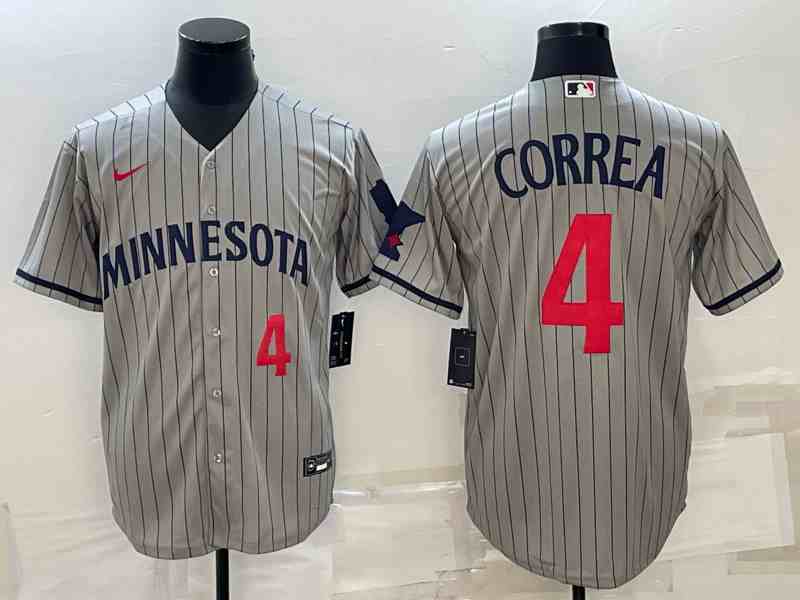 Men's Minnesota Twins #4 Carlos Correa 2023 Gray Home Team Cool Base Stitched Jersey